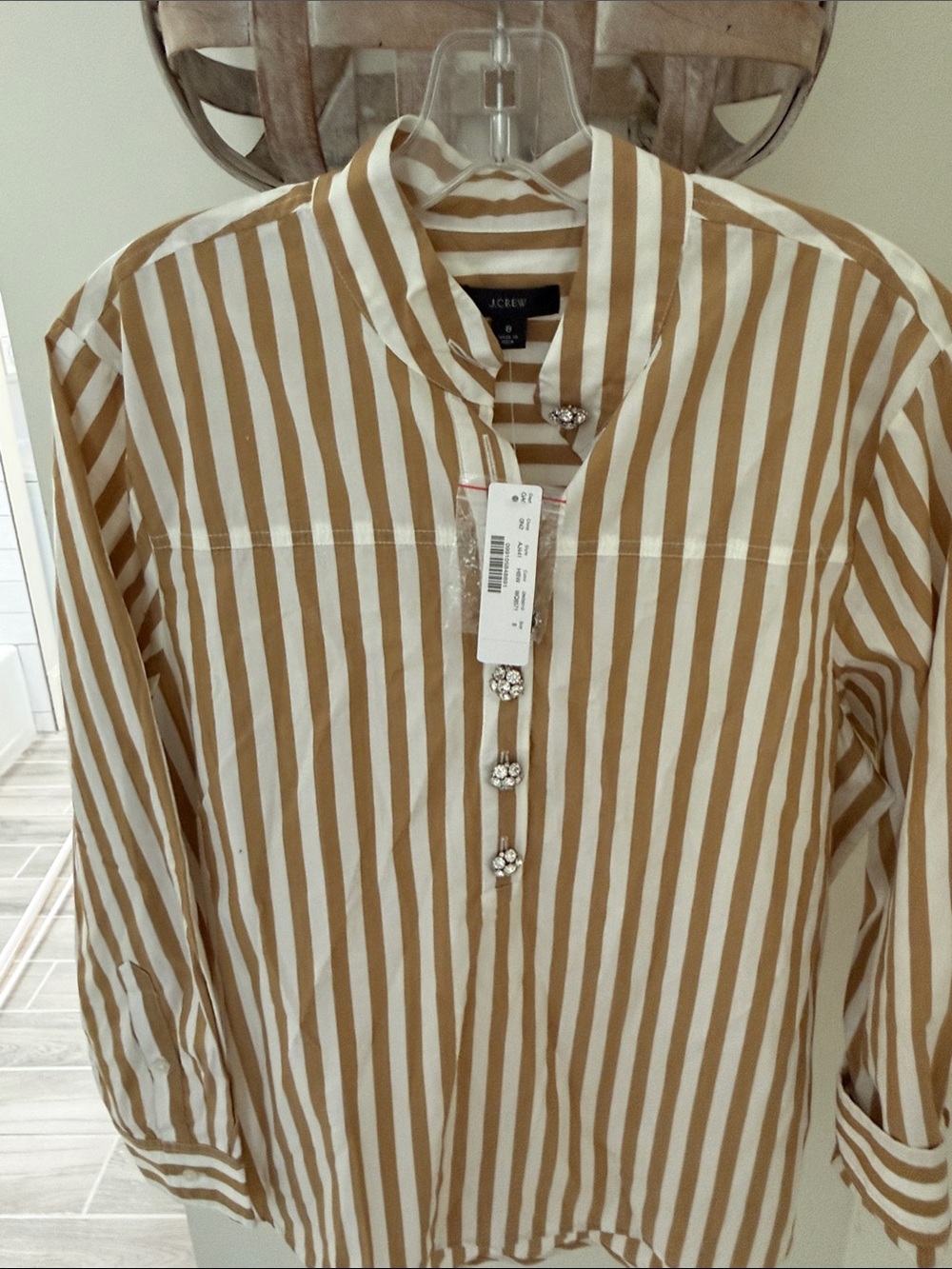 J. Crew Tan and White Vertical Stripe Button-Front Blouse with cyrstal buttons!